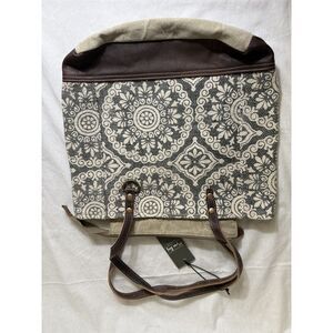 Stylish Gray & White Patterned Tote Bag with Dark Brown Leather Trim and Suede